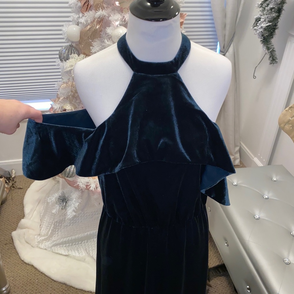 Velvet green off the shoulder maxi dress